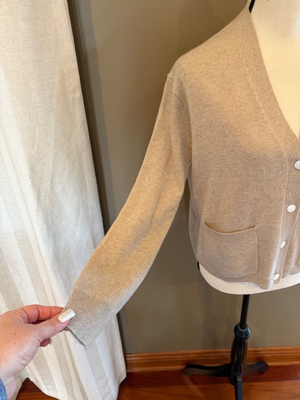 J. Crew 100% Cashmere Relaxed Pocket Cardigan Sweater, Heather Tan, Size Small - Picture 3 of 10